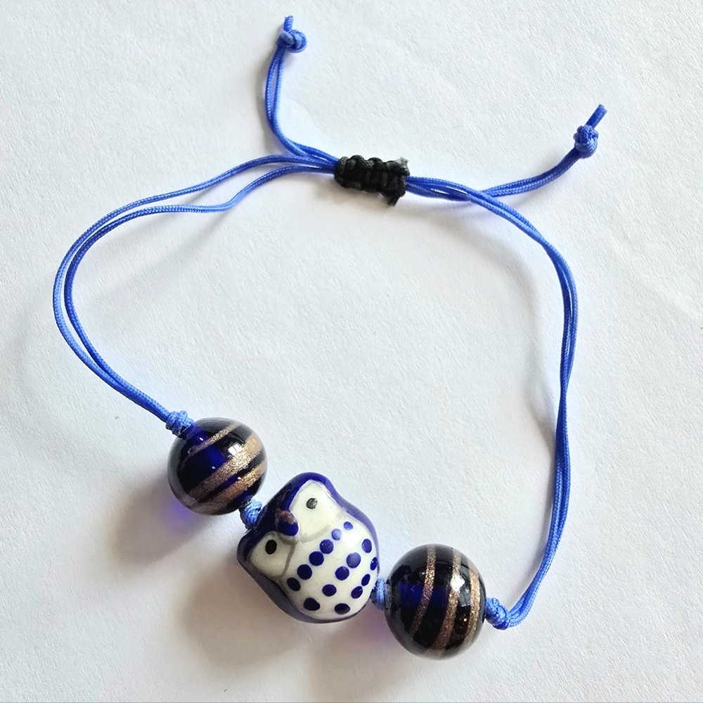 Owl bracelet blue ceramic cord glass bird animal jewelry handmade